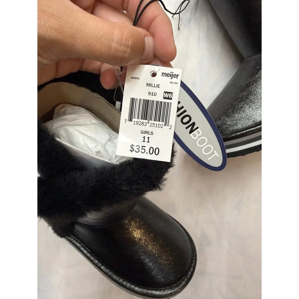 FALLS CREEK New $35 Girls 11 Black Metallic Faux Fur Mid Calf Winter Boots Bin3